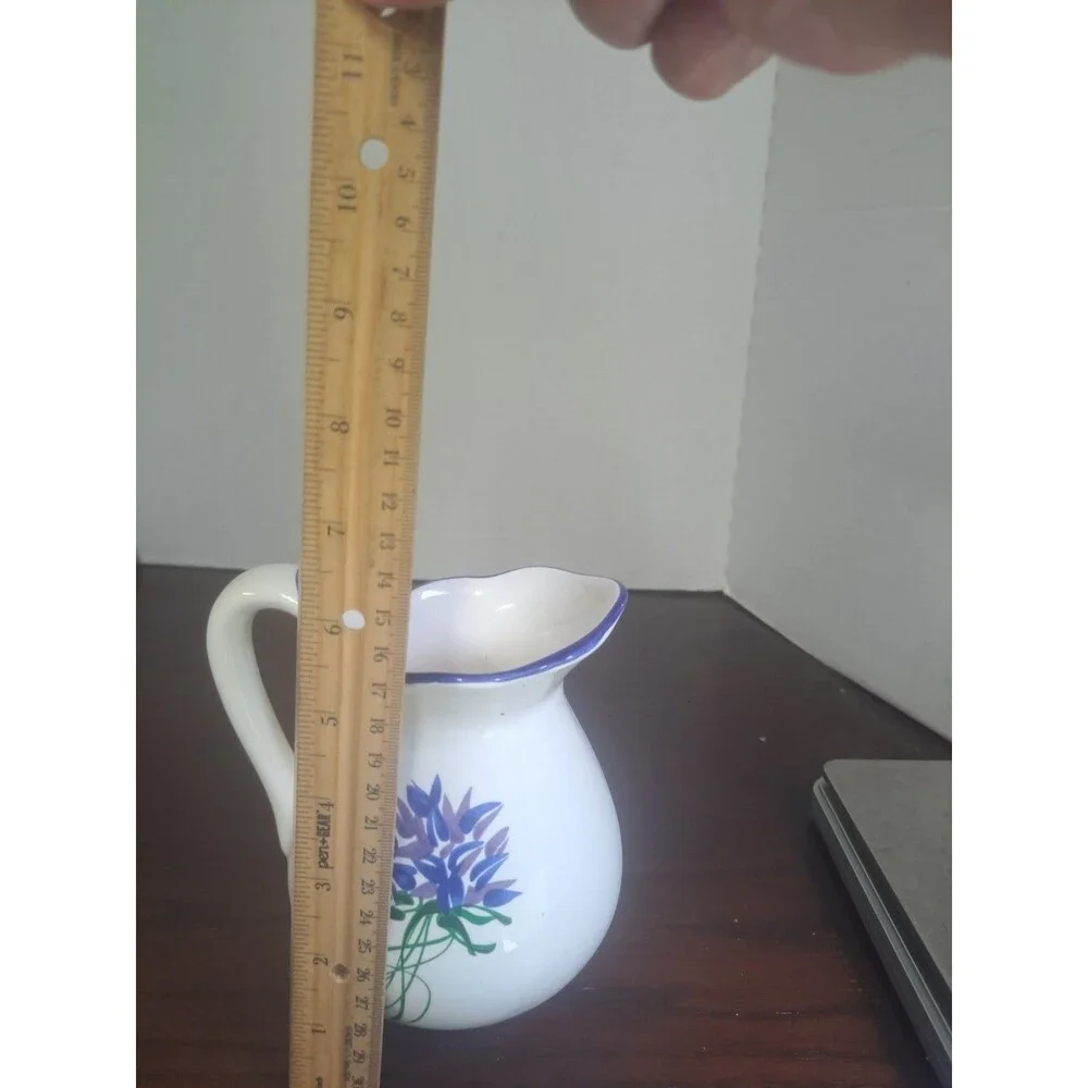 Hand Painted White Ceramic Pitcher Blue Flowers And Trim